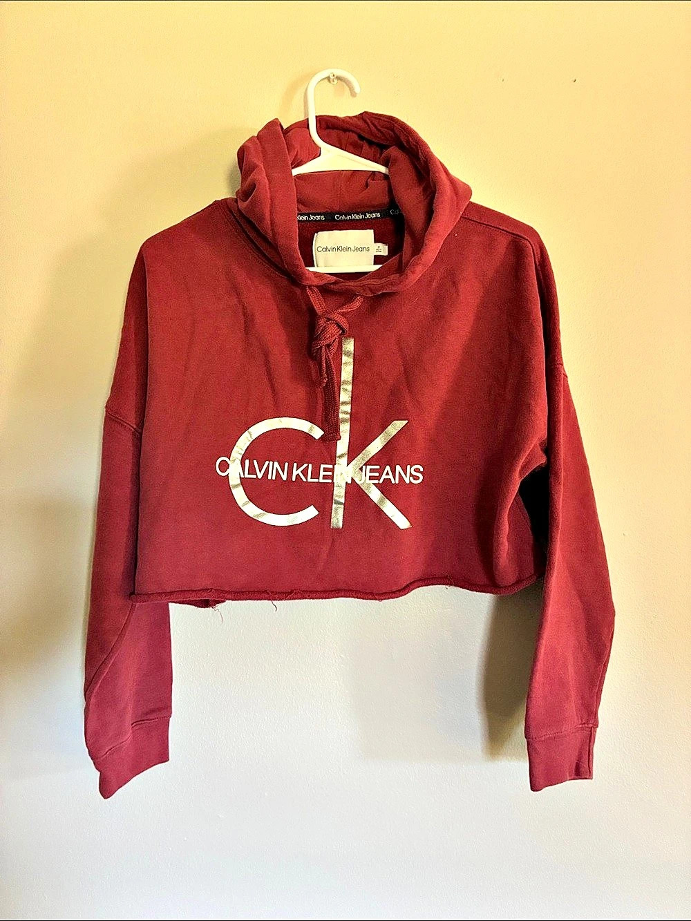 Calvin Klein Jeans Burgundy Cropped Hooded Sweatshirt Red Medium